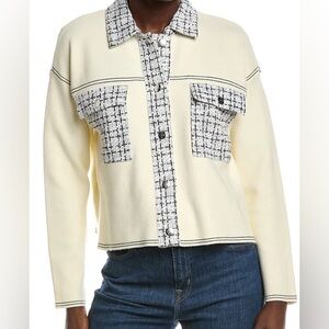 NANETTE NANETTE LEPORE TWEED TRIM CARDIGAN/ Pale Yellow & Black/Size Small